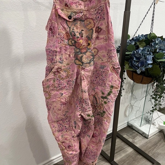 Magnolia Pearl Pants - Magnolia Pearl patchwork pink cat Embroidered Jumpsuit overalls (item A26)